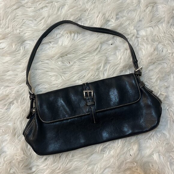 Mondani Handbags - Vintage Mondani Black Faux Leather Shoulder Mini Bag Silver Accents
